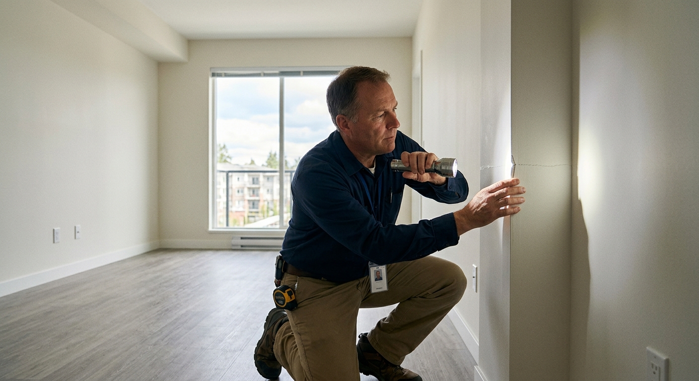 Expert indépendant inspectant un appartement neuf avant remise des clés
