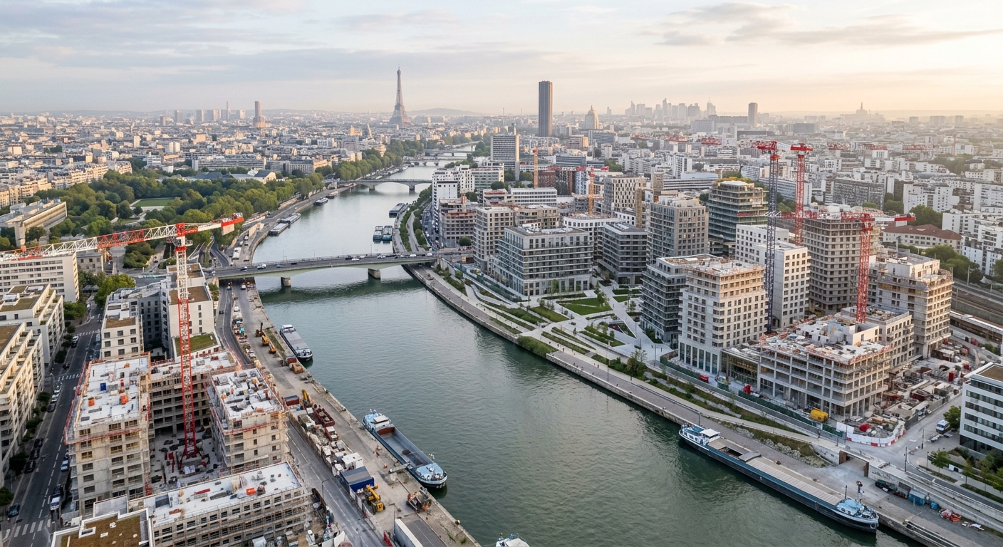 Vue aérienne d'un quartier en développement urbain le long de la Seine