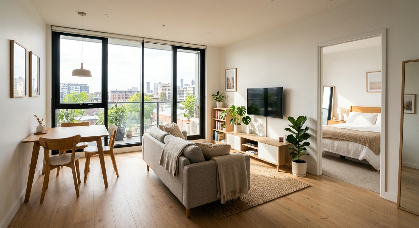 Intérieur lumineux d'un appartement T2 neuf avec grande fenêtre