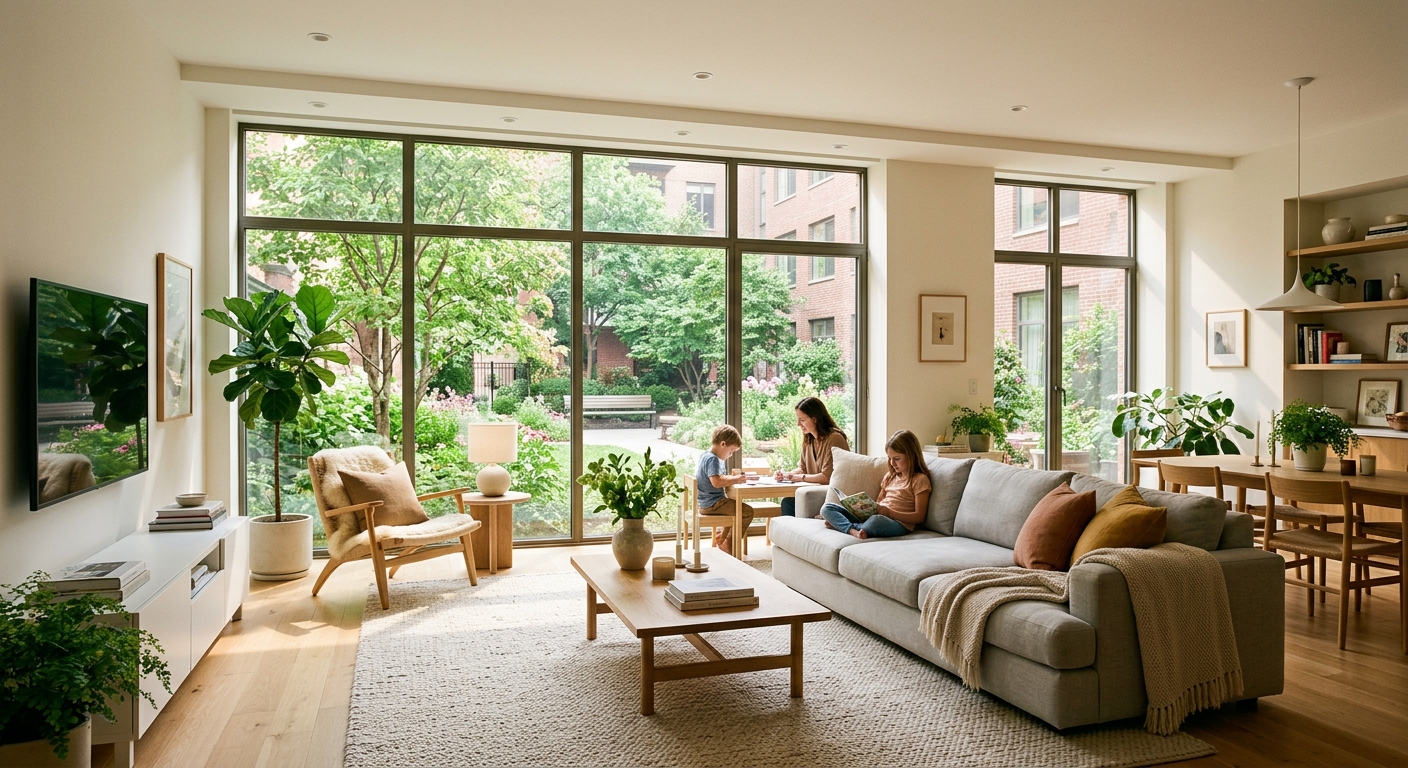 Salon spacieux d'un appartement familial neuf avec vue sur cour verdoyante