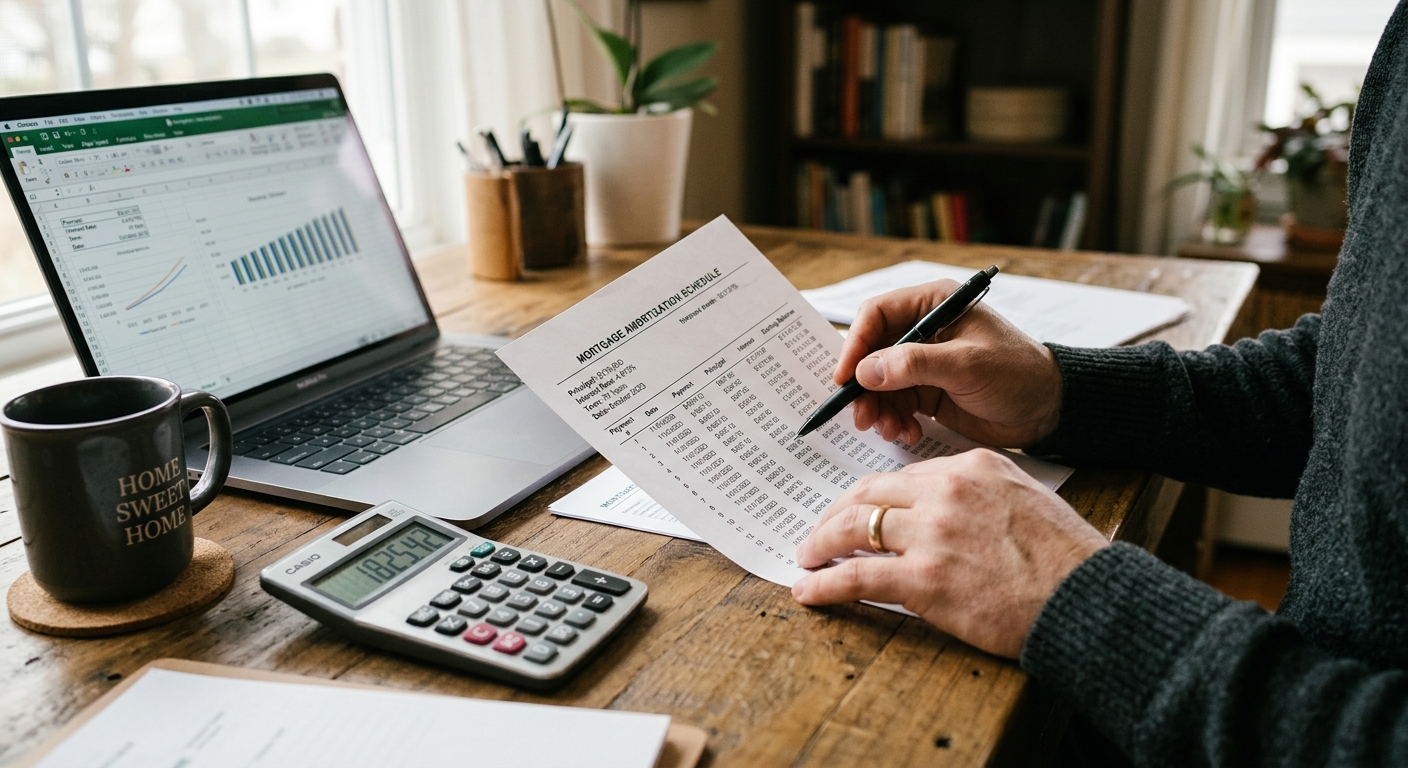 Document de simulation de prêt immobilier avec calculatrice sur un bureau