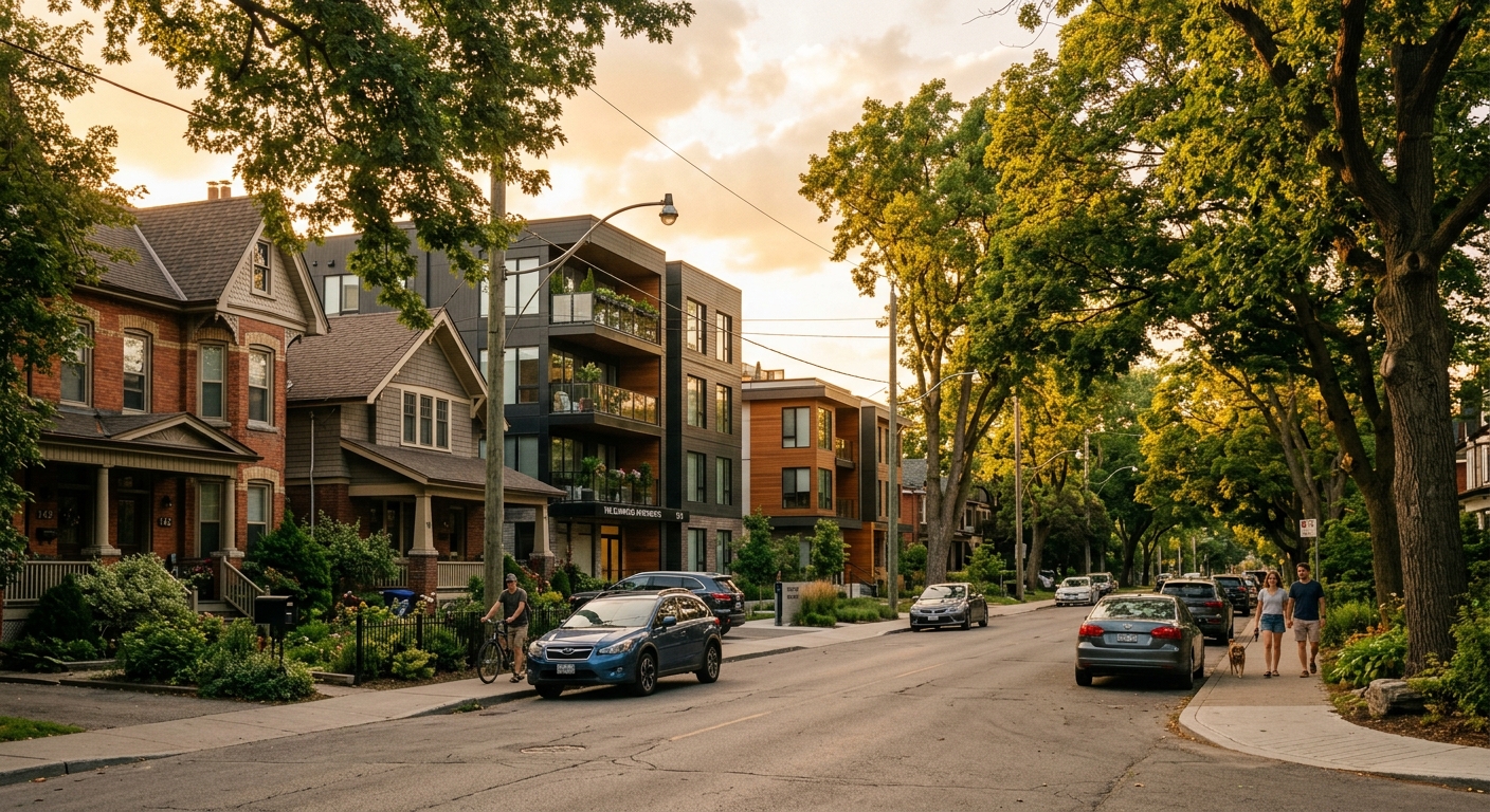 Rue résidentielle calme avec immeubles neufs et pavillons à Bois-Colombes