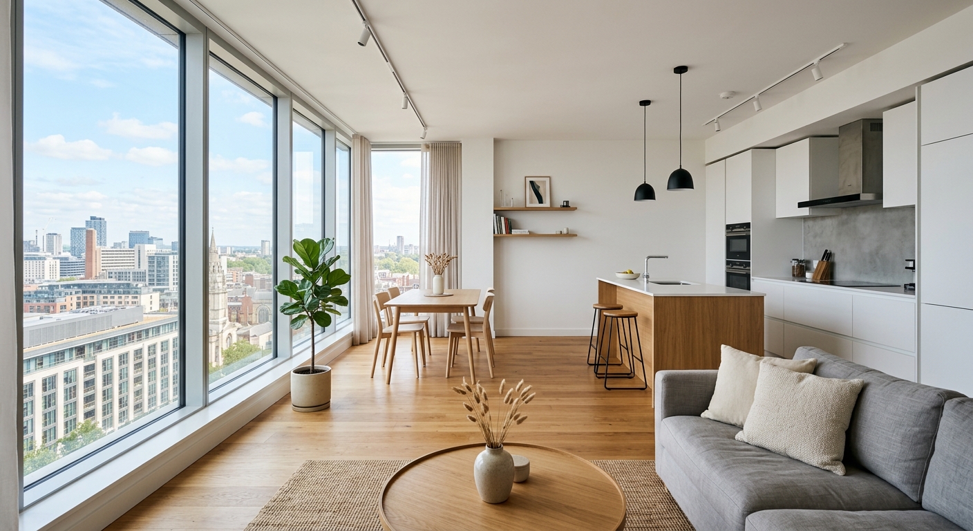 Intérieur d'un appartement neuf lumineux avec cuisine ouverte