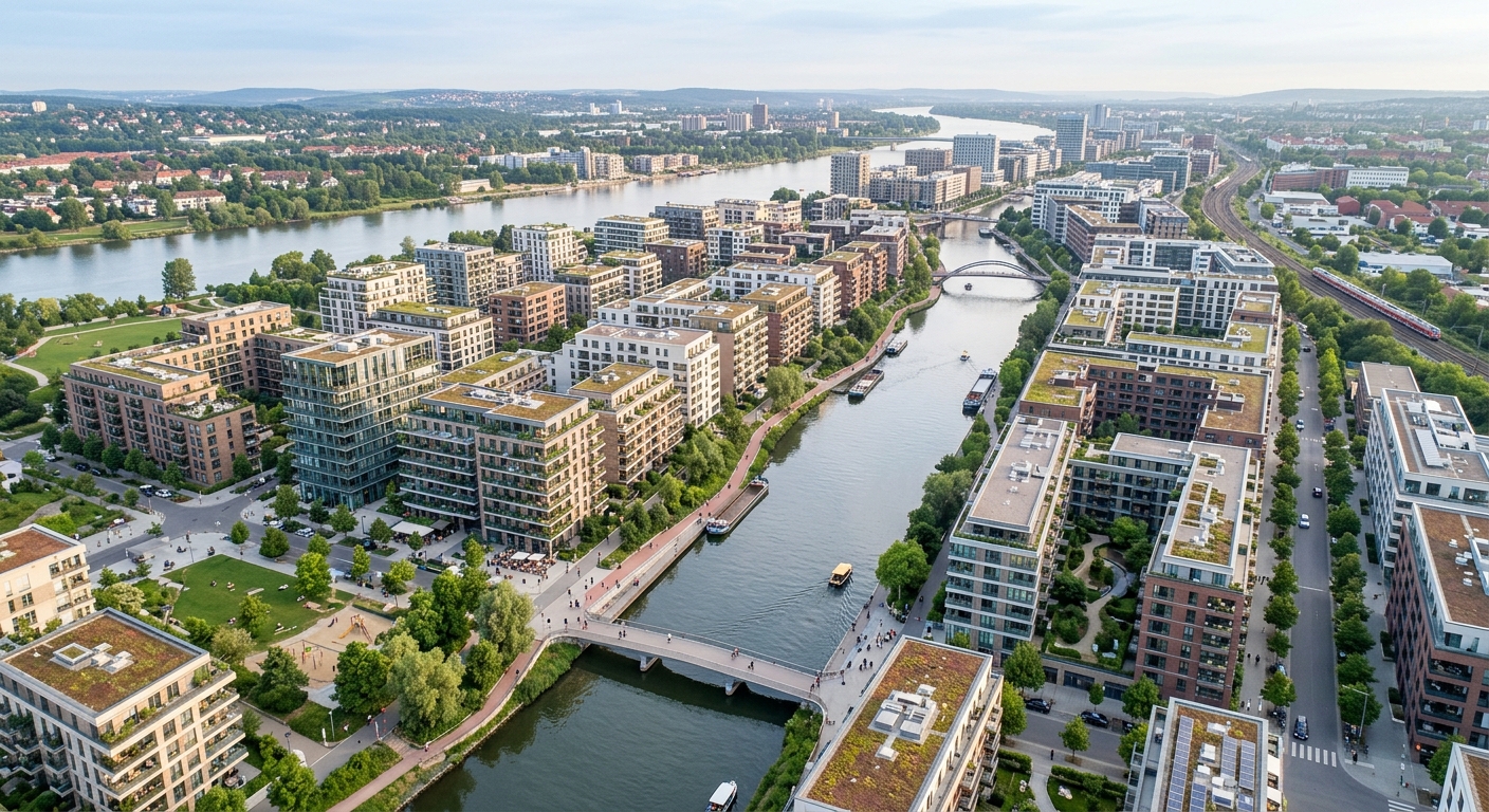 Vue aérienne d'un quartier résidentiel neuf près d'un canal