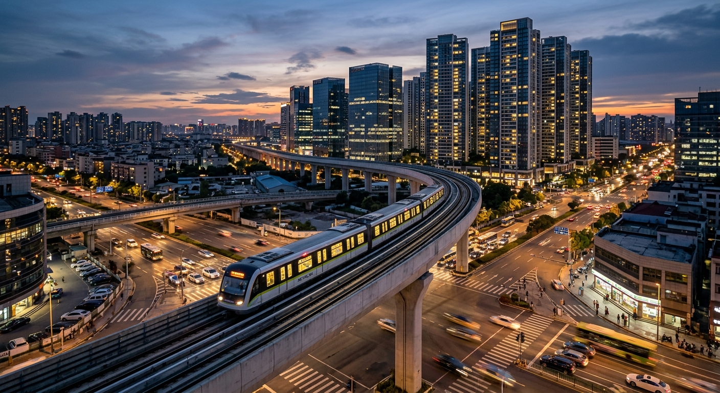 Ligne de métro moderne traversant un paysage urbain avec tours résidentielles neuves