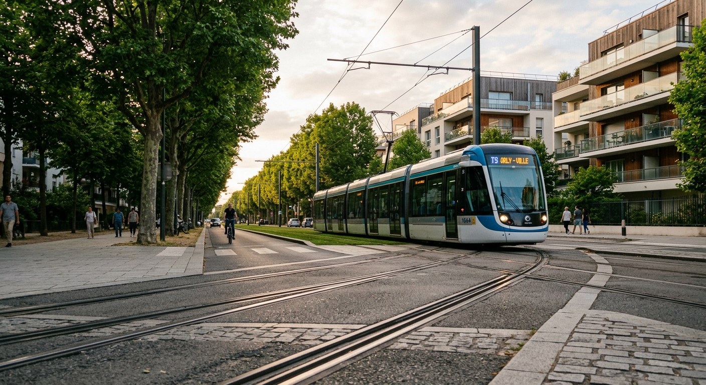 Tramway T6 circulant près d'un nouveau quartier résidentiel à Clamart