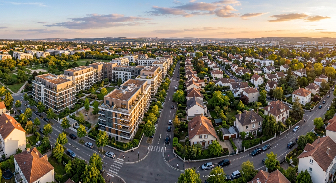 Vue aérienne d'un quartier mixte à Clamart avec immeubles neufs