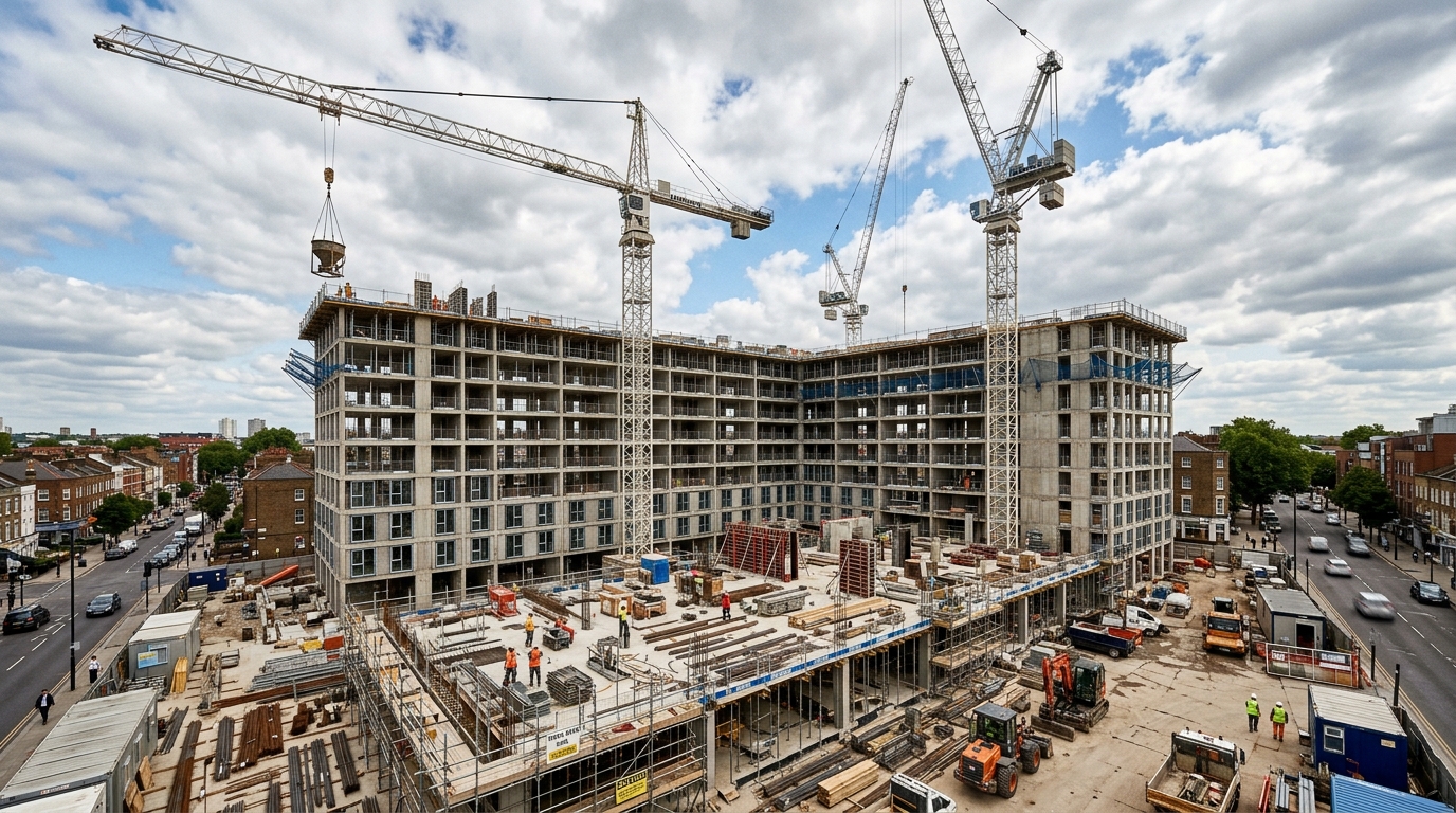 Chantier de construction d'un immeuble résidentiel neuf avec grues