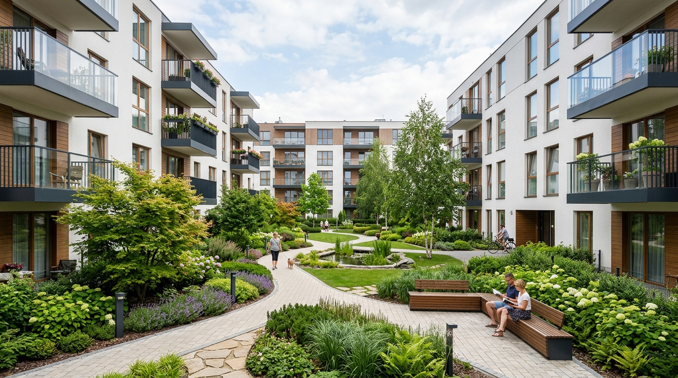 Cour intérieure paysagère d'une résidence neuve moderne