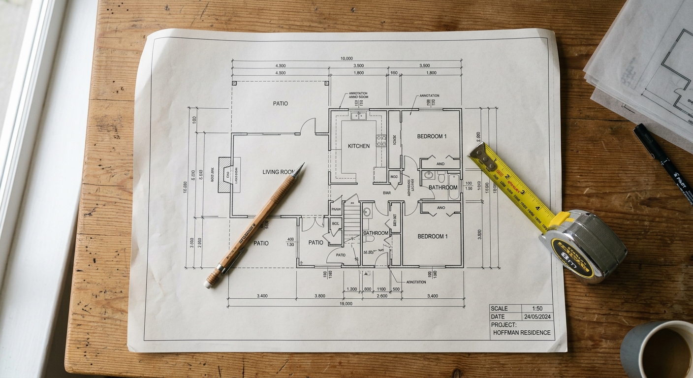 Plan architectural d'un appartement neuf sur une table
