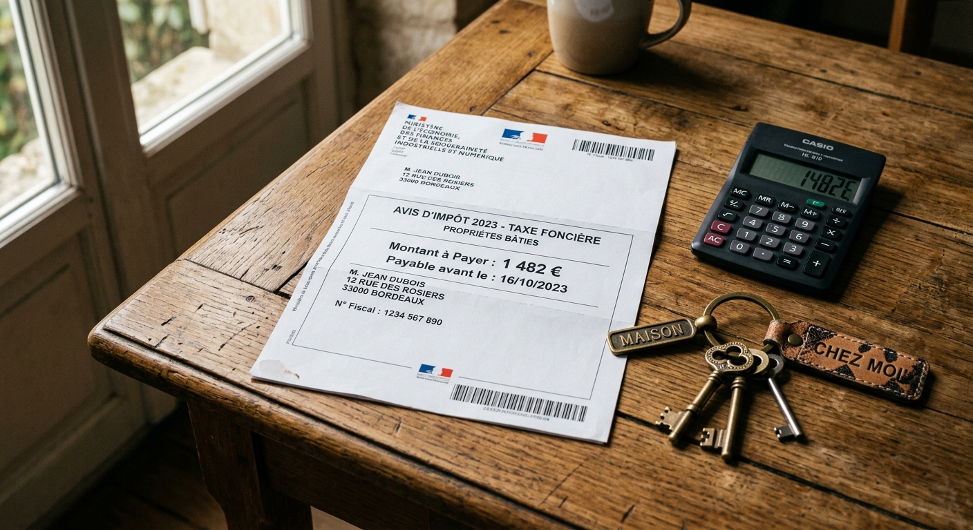 Avis de taxe foncière avec calculatrice et clés de logement neuf sur un bureau