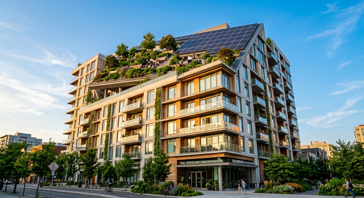 Immeuble neuf aux normes RE2020 avec panneaux solaires et toiture végétalisée