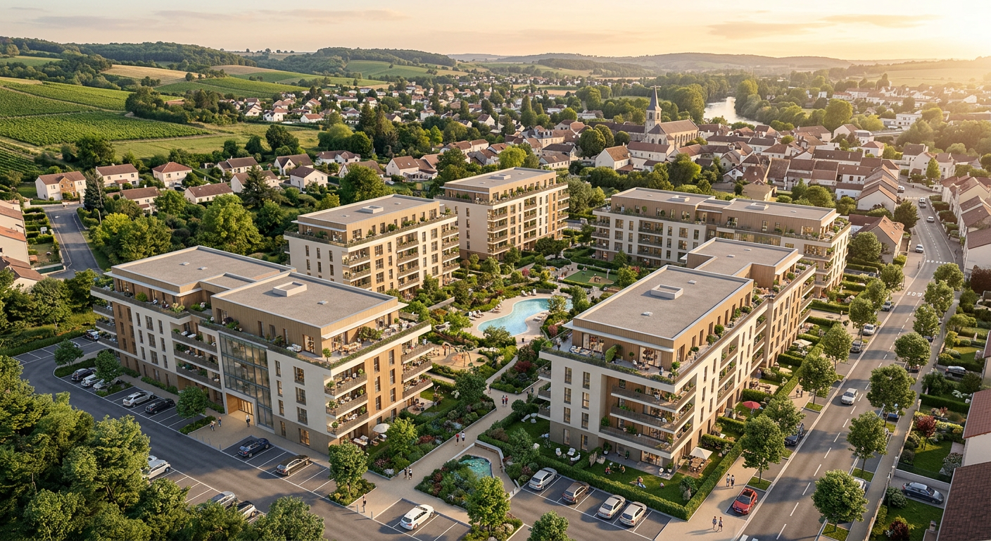Vue aérienne d’une résidence neuve avec balcons et espaces verts