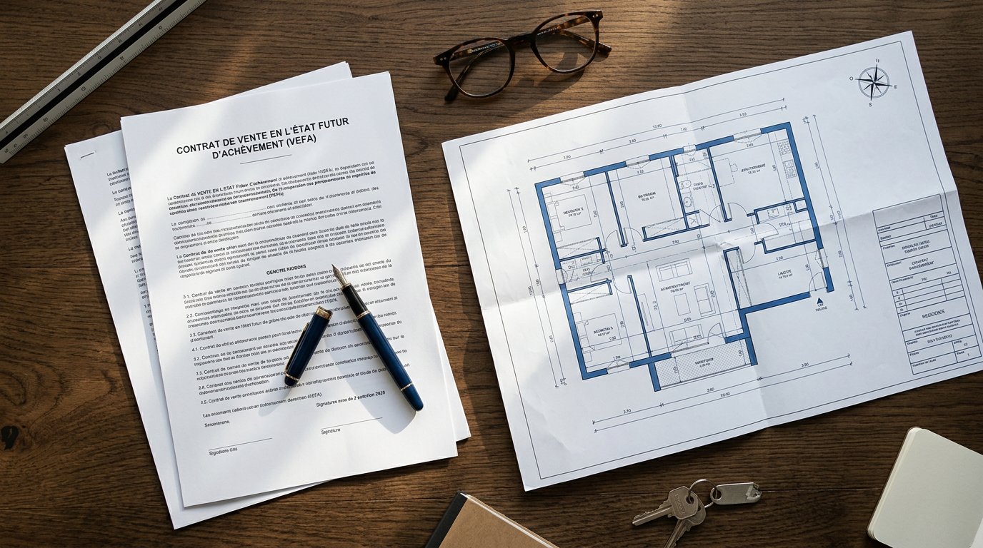 Contrat de réservation VEFA et plan d'appartement neuf posés sur un bureau