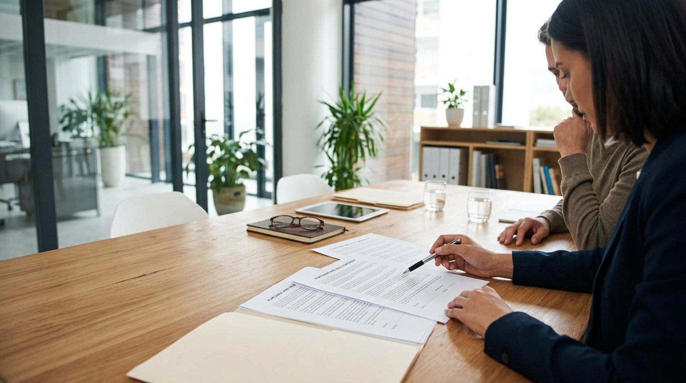 Conseiller immobilier et acheteur examinant un acte notarié pour un investissement en nue-propriété