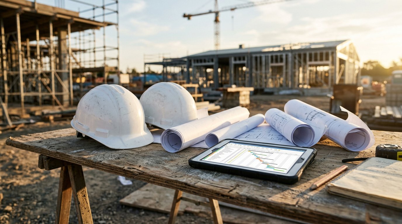 Casques de chantier et plans sur une table de chantier, reprise des travaux par le garant