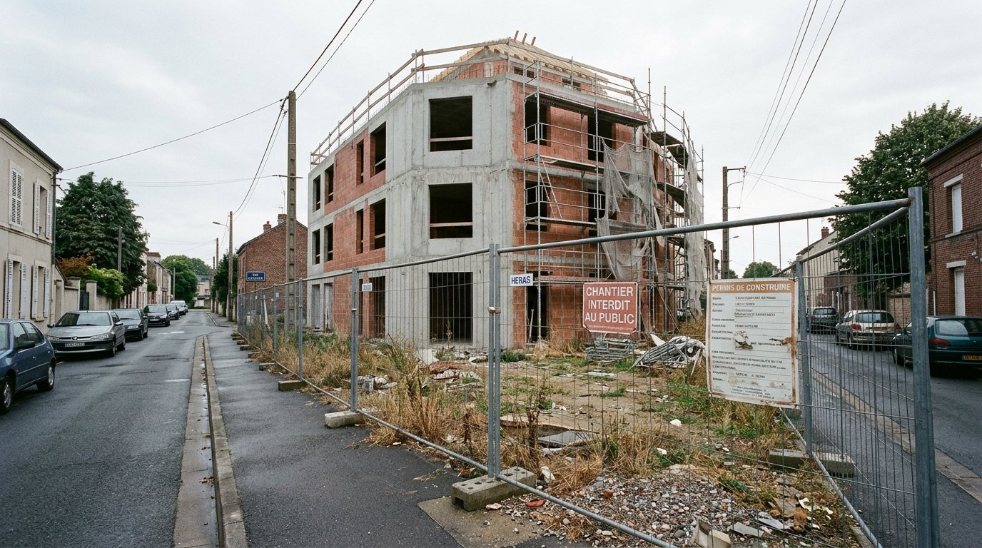 Immeuble inachevé derrière une clôture de chantier dans un quartier résidentiel français