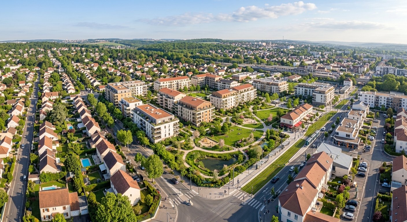 Vue aérienne d'un quartier résidentiel mixte en Seine-Saint-Denis