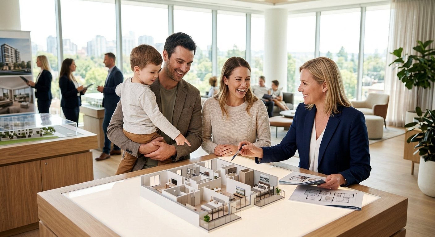 Jeune famille consultant un plan d'appartement avec un conseiller immobilier