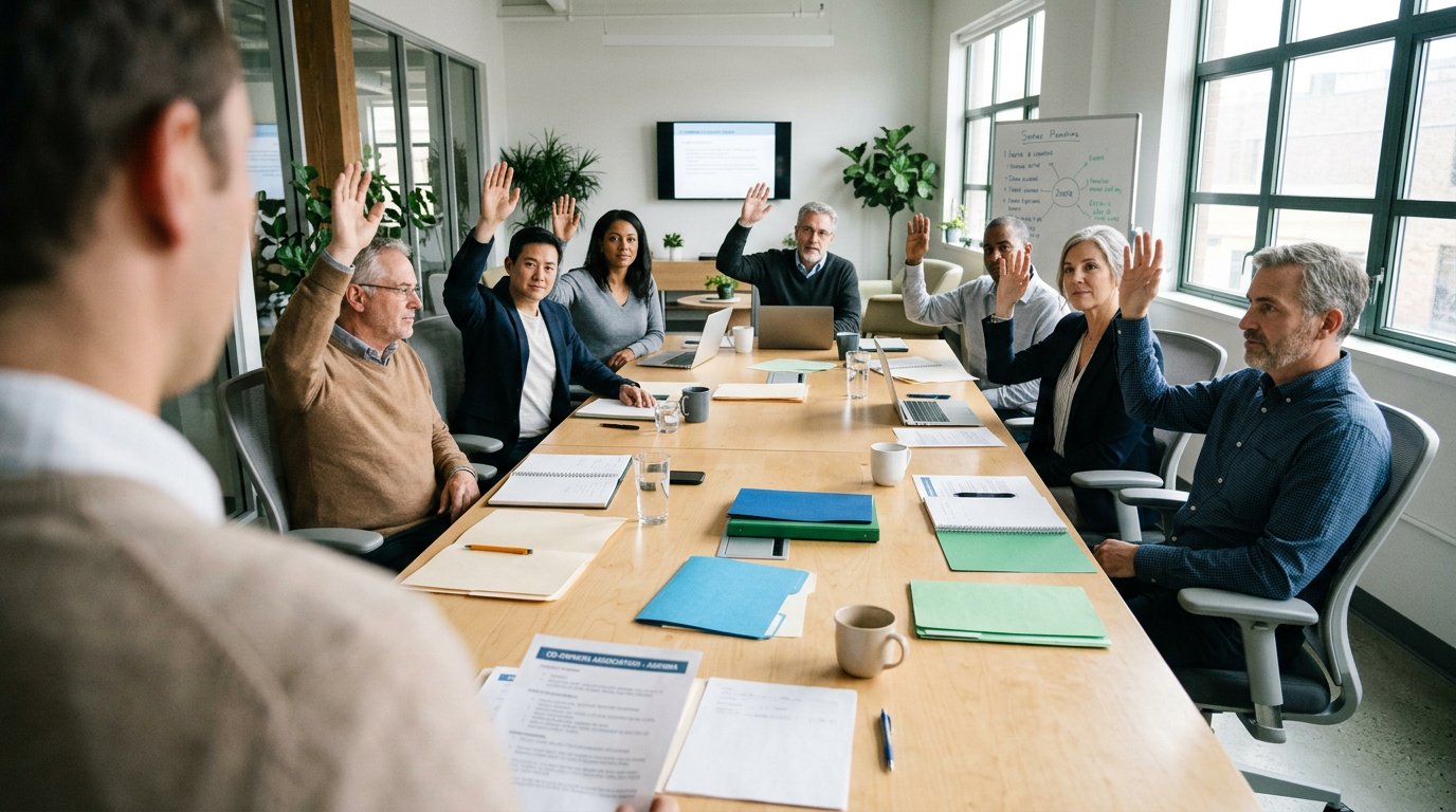 Réunion de copropriétaires votant le premier budget prévisionnel d'une résidence neuve