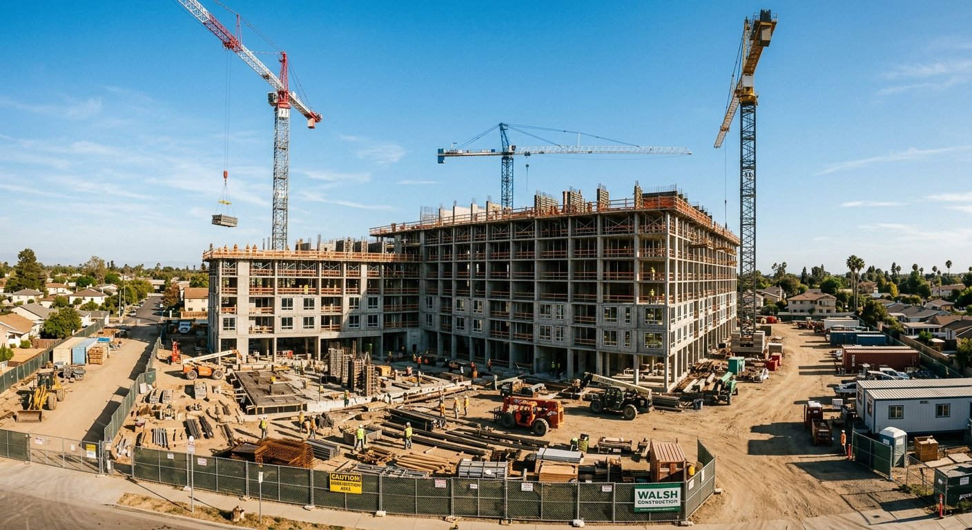 Chantier de construction d'un immeuble neuf en VEFA sous un ciel dégagé