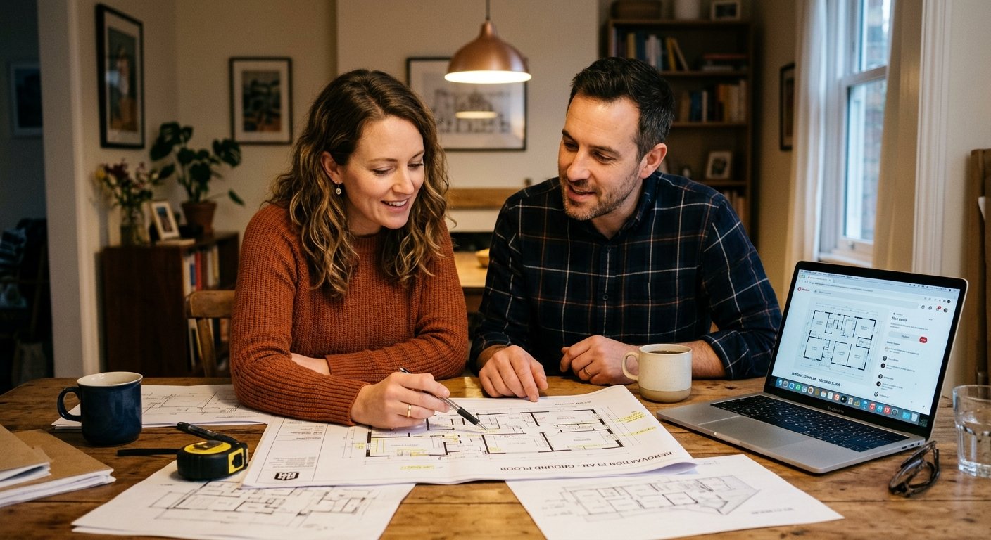 Couple étudiant un plan de financement pour un appartement neuf
