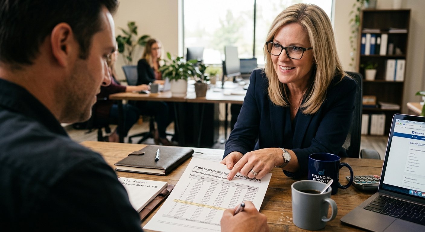 Conseiller financier présentant un tableau d'amortissement de prêt immobilier